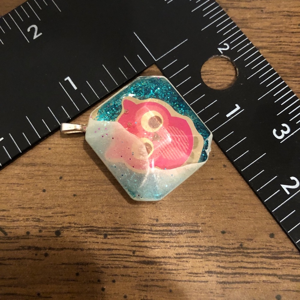 Handmade pink owl on blue glitter resin charm